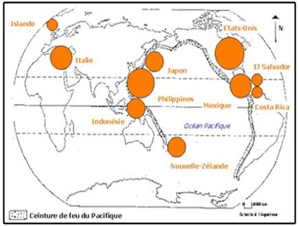 Carte des gisements gothermique dans le monde